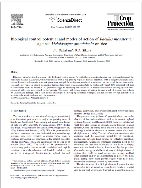 Biological control potential and modes of action of Bacillus megaterium against Meloidogyne graminicola on rice